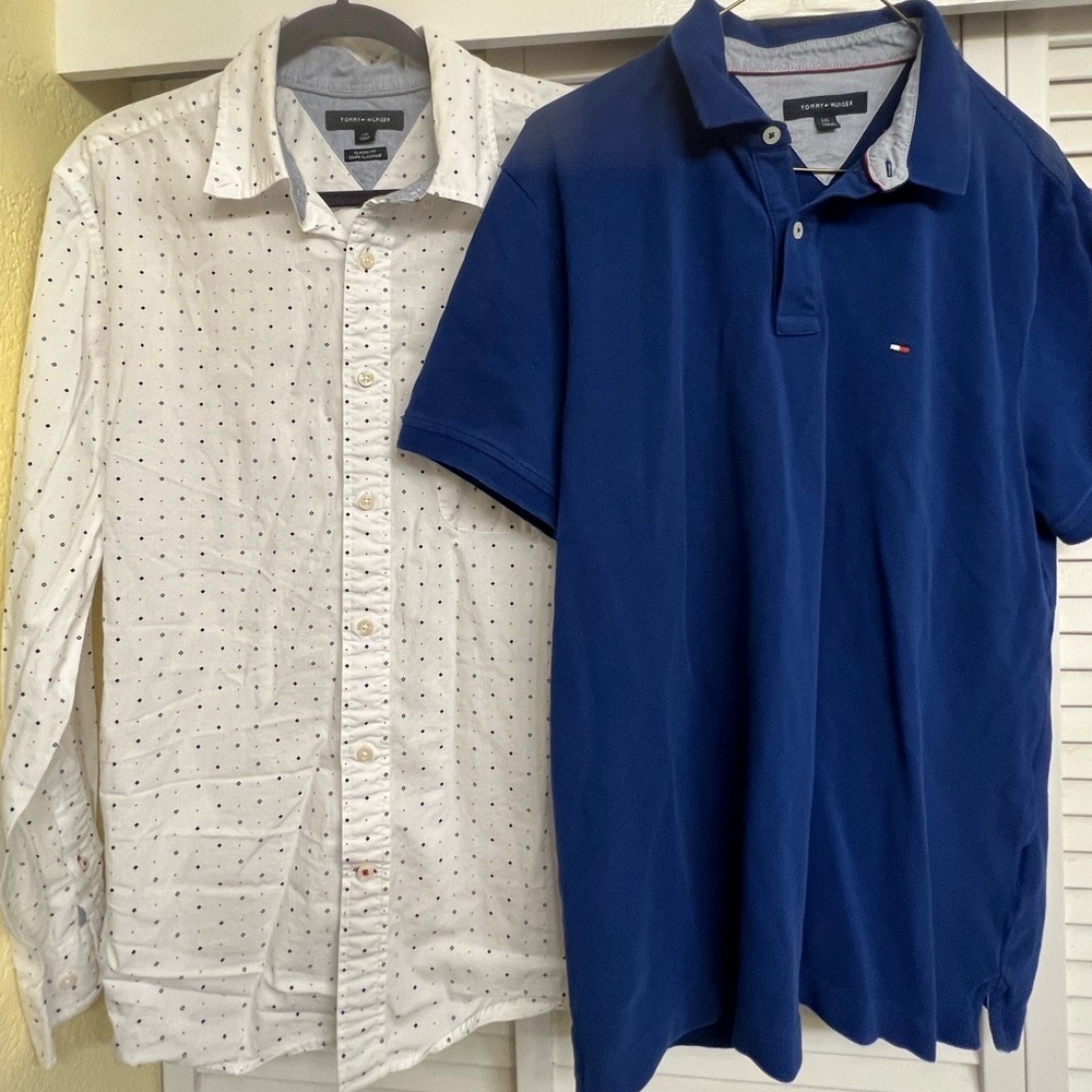 Tommy Hilfiger Dark Blue Polo Shirt & White Blue Long Sleeve Men’s Sz L Shirts